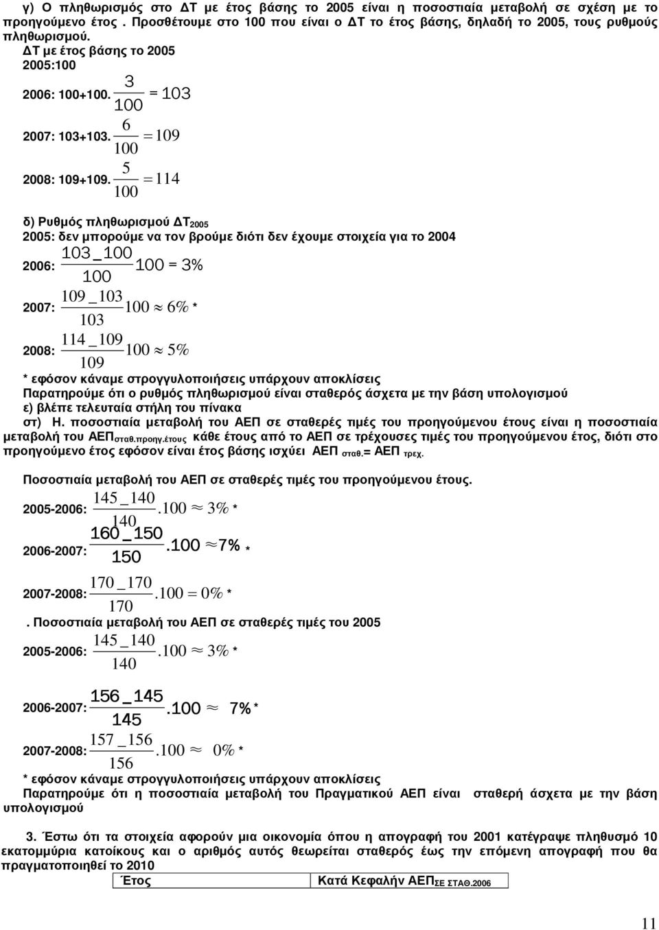 = 114 δ) Ρυθµός πληθωρισµού Τ 2005 2005: δεν µπορούµε να τον βρούµε διότι δεν έχουµε στοιχεία για το 2004 103_ 109 _103 6 103 114 _109 5 109 2006: =3% 2007: % * 2008: % * εφόσον κάναµε