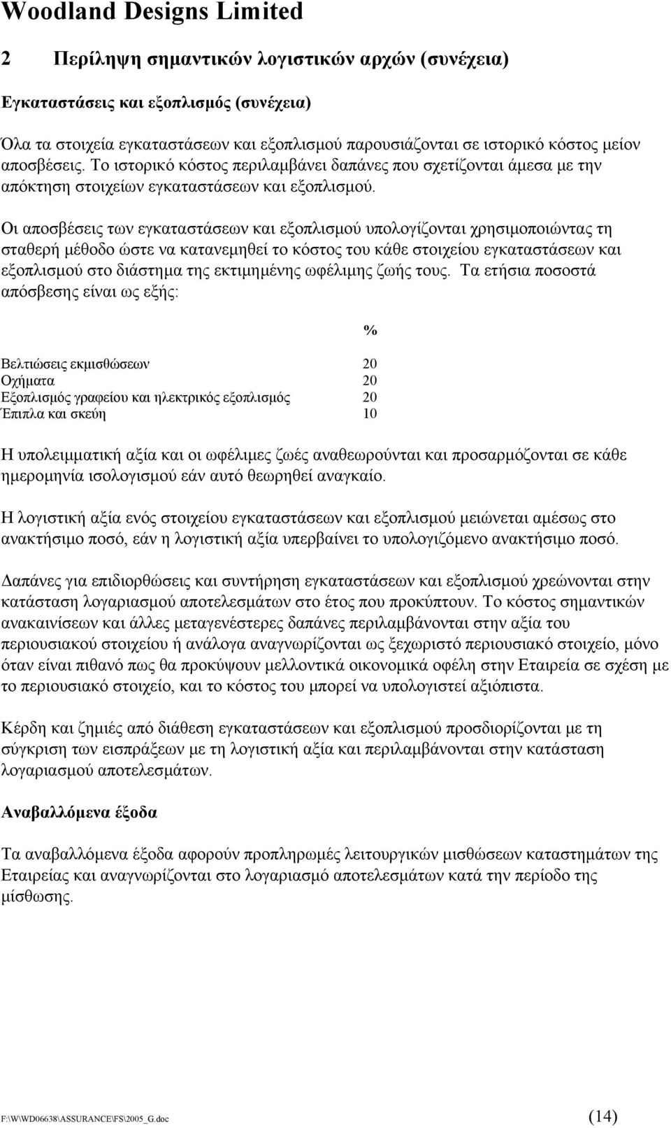 Οι αποσβέσεις των εγκαταστάσεων και εξοπλισµού υπολογίζονται χρησιµοποιώντας τη σταθερή µέθοδο ώστε να κατανεµηθεί το κόστος του κάθε στοιχείου εγκαταστάσεων και εξοπλισµού στο διάστηµα της