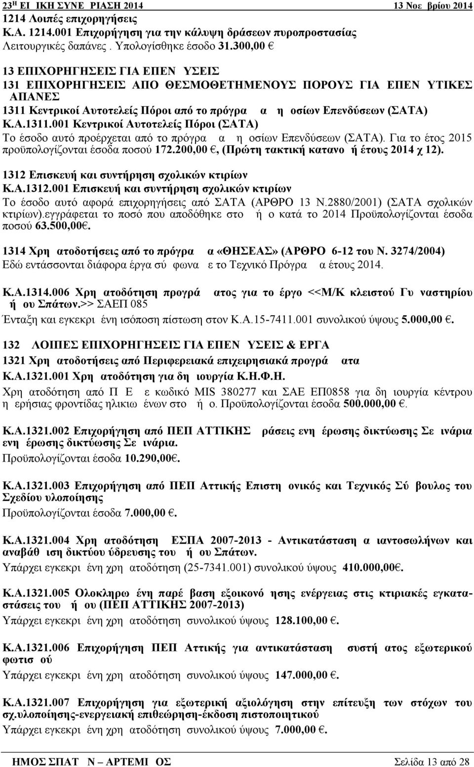 Κεντρικοί Αυτοτελείς Πόροι από το πρόγραμμα Δημοσίων Επενδύσεων (ΣΑΤΑ) Κ.Α.1311.001 Κεντρικοί Αυτοτελείς Πόροι (ΣΑΤΑ) Το έσοδο αυτό προέρχεται από το πρόγραμμα Δημοσίων Επενδύσεων (ΣΑΤΑ).