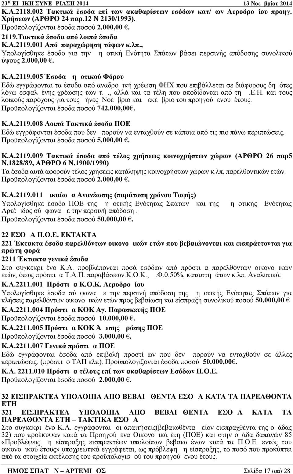 005 Έσοδα Δημοτικού Φόρου Εδώ εγγράφονται τα έσοδα από αναδρομική χρέωση ΦΗΧ που επιβάλλεται σε διάφορους δημότες λόγω εσφαλμένης χρέωσης των τ.μ., αλλά και τα τέλη που αποδίδονται από τη Δ.Ε.Η. και τους λοιπούς παρόχους για τους μήνες Νοέμβριο και Δεκέμβριο του προηγούμενου έτους.