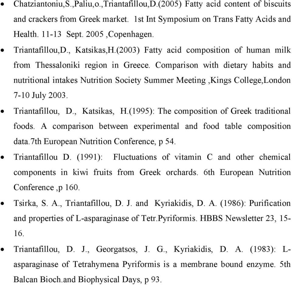 Comparison with dietary habits and nutritional intakes Nutrition Society Summer Meeting,Kings College,London 7-10 July 2003. Triantafillou, D., Katsikas, H.