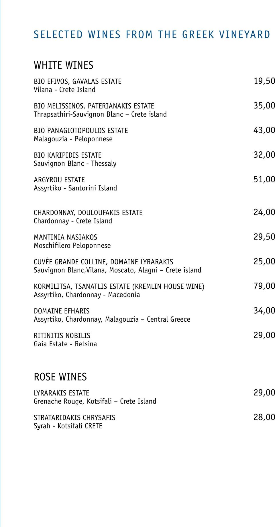 Chardonnay - Crete Island MANTINIA NASIAKOS 29,50 Moschifilero Peloponnese CuVéE GRANDE COLLINE, DOMAINE LYRARAKIS 25,00 Sauvignon Blanc,Vilana, Moscato, Alagni Crete island KORMILITSA, TSANATLIS