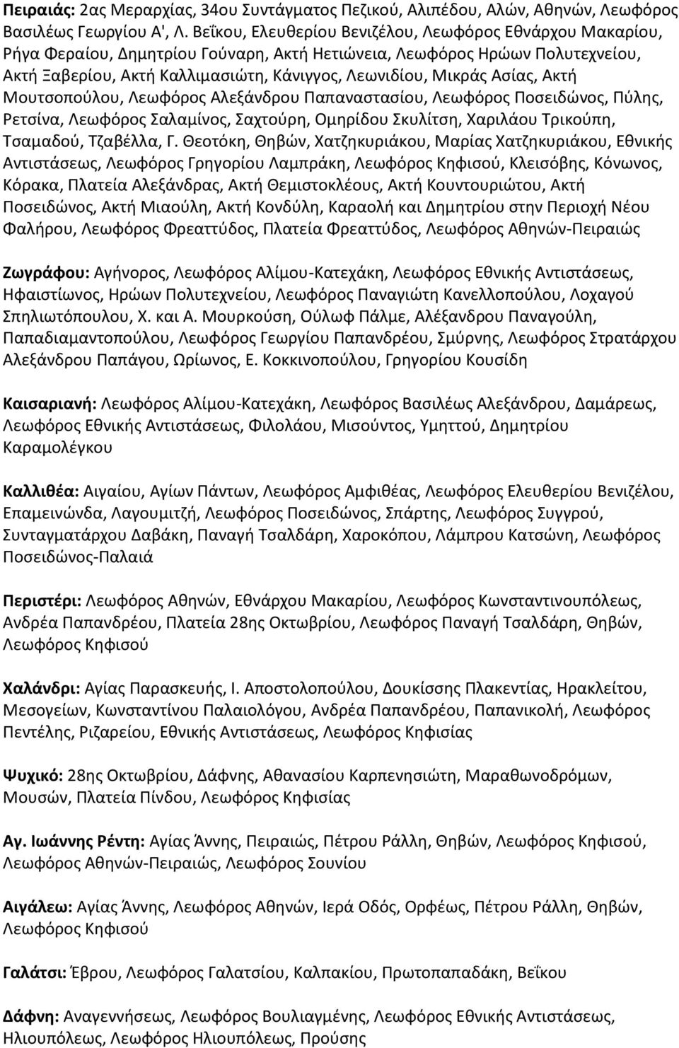 Ασίας, Ακτή Μουτσοπούλου, Λεωφόρος Αλεξάνδρου Παπαναστασίου, Λεωφόρος Ποσειδώνος, Πύλης, Ρετσίνα, Λεωφόρος Σαλαμίνος, Σαχτούρη, Ομηρίδου Σκυλίτση, Χαριλάου Τρικούπη, Τσαμαδού, Τζαβέλλα, Γ.