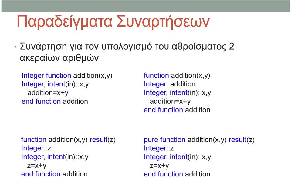 intent(in)::x,y addition=x+y end function addition function addition(x,y) result(z) Integer::z Integer, intent(in)::x,y