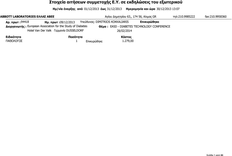 LABORATORIES ΕΛΛΑΣ ΑΒΕΕ Αγίου Δημητρίου 63,, 174 56, Αλιμος GR τηλ:210.9985222 fax:210.9958360 Αρ. πρωτ : 94418 Ημ.