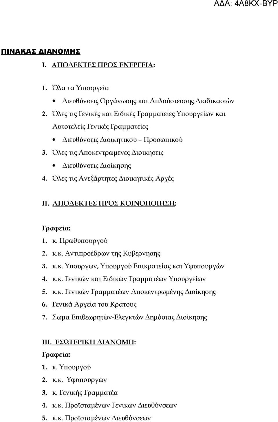 Όλες τις Ανεξάρτητες Διοικητικές Αρχές II. ΑΠΟΔΕΚΤΕΣ ΠΡΟΣ ΚΟΙΝΟΠΟΙΗΣΗ: Γραφεία: 1. κ. Πρωθυπουργού 2. κ.κ. Αντιπροέδρων της Κυβέρνησης 3. κ.κ. Υπουργών, Υπουργού Επικρατείας και Υφυπουργών 4. κ.κ. Γενικών και Ειδικών Γραμματέων Υπουργείων 5.