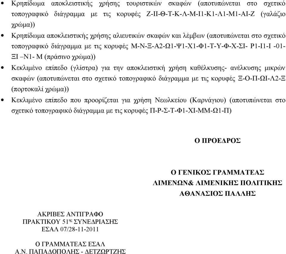 αποκλειστική χρήση καθέλκυσης- ανέλκυσης μικρών σκαφών (αποτυπώνεται στο σχετικό τοπογραφικό διάγραμμα με τις κορυφές Ξ-Ο-Π-ΩΙ-Λ2-Ξ (πορτοκαλί χρώμα)) Κεκλιμένο επίπεδο που προορίζεται για χρήση