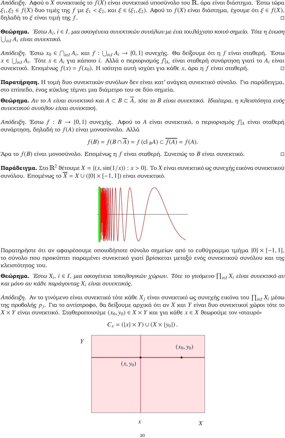 Τότε η ένωση i I A i είναι συνεκτικό. Απόδειξη. Εστω x 0 i I A i, και f : i I A i {0, 1} συνεχής. Θα δείξουµε ότι η f είναι σταθερή. Εστω x i I A i. Τότε x A i για κάποιο i.