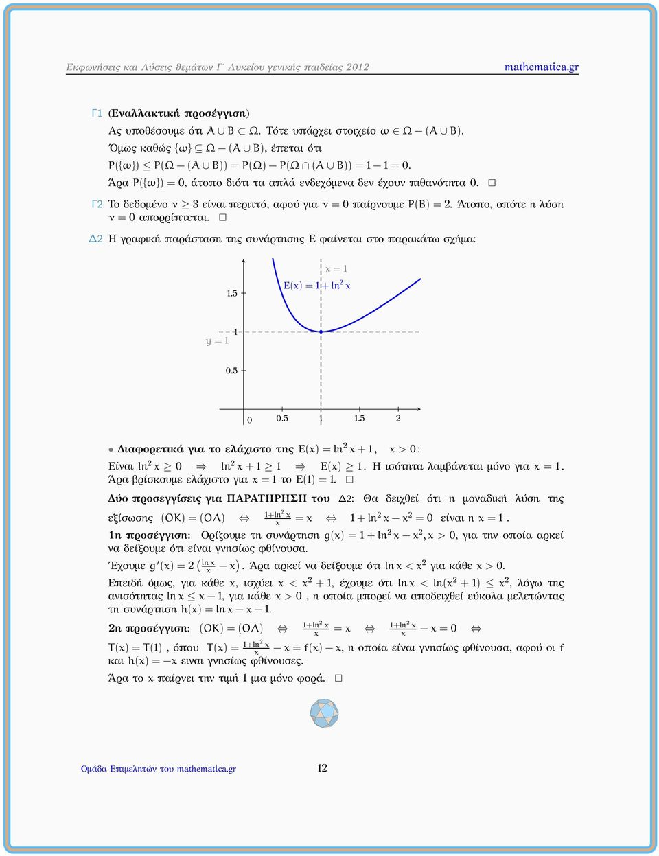 Δ2 Η γραφική παράσταση της συάρτησης E φαίεται στο παρακάτω σχήμα: 1.5 = 1 E() = 1+ln 2 y = 1 1 0.5 0 0.5 1 1.5 2 Διαφορετικά για το ελάχιστο της E() = ln 2 +1, > 0: Είαι ln 2 0 ln 2 +1 1 E() 1.
