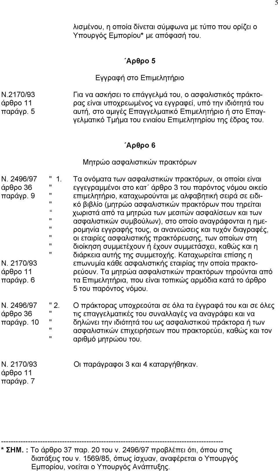 Επιµελητηρίου της έδρας του. Αρθρο 6 Μητρώο ασφαλιστικών πρακτόρων Ν. 2496/97 " 1.