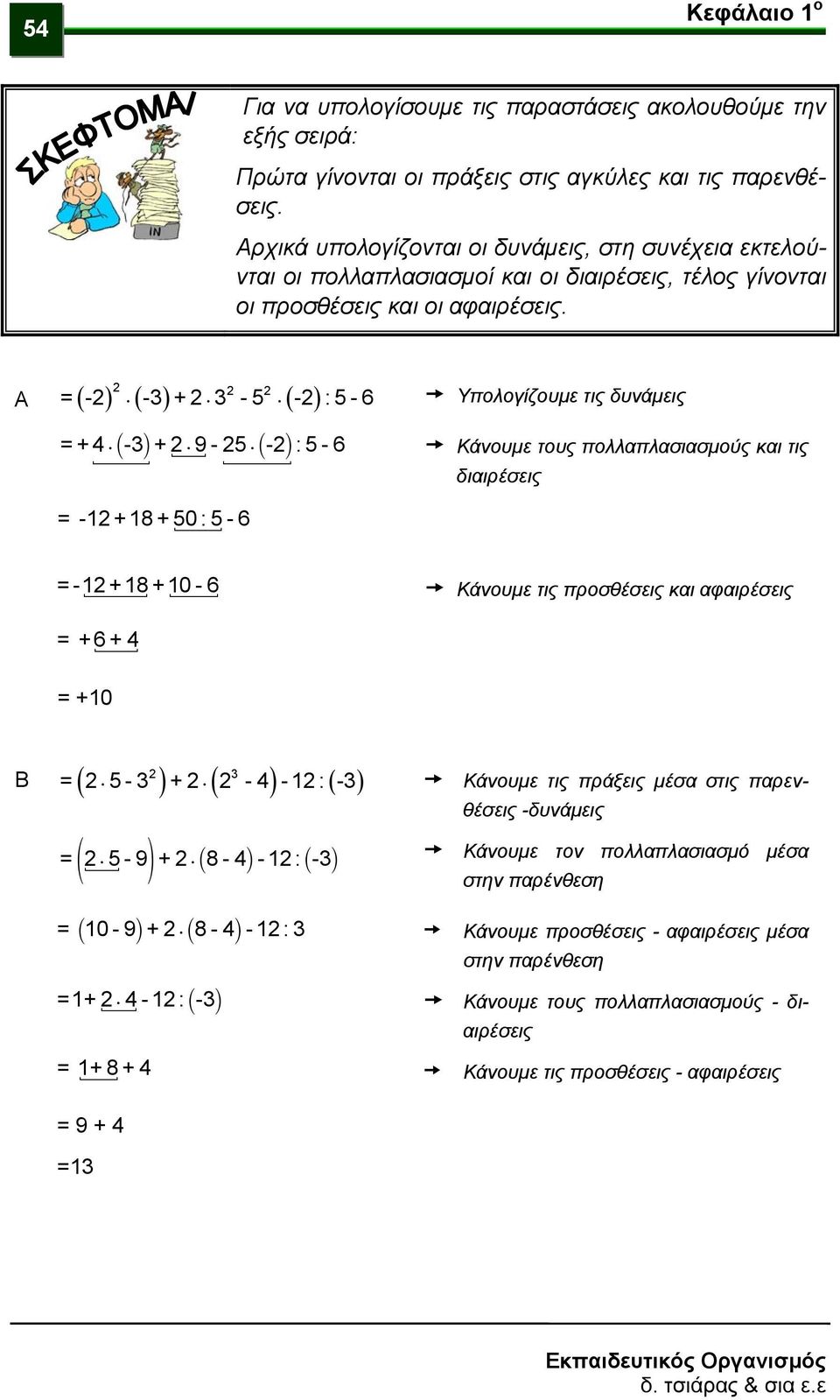 Α ( ) ( ) ( ) - - + -5 - :5-6 Υπολογίζουμε τις δυάμεις ( ) ( ) +4 - + 9-5 - :5-6 -1+18+50:5-6 Κάουμε τους πολλαπλασιασμούς και τις διαιρέσεις -1 +18 +10-6 Κάουμε τις προσθέσεις και αφαιρέσεις +6+4