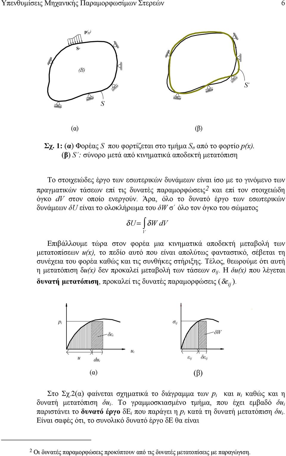 Άρα, όλο το δυνατό έργο των ωτρικών δυνάµων δu ίναι το ολοκλήρωµα του δw όλο τον όγκο του ώµατος δu= δw d Επιβάλλουµ τώρα τον φορέα µια κινηµατικά αποδκτή µταβολή των µτατοπίων u(x), το πδίο αυτό που
