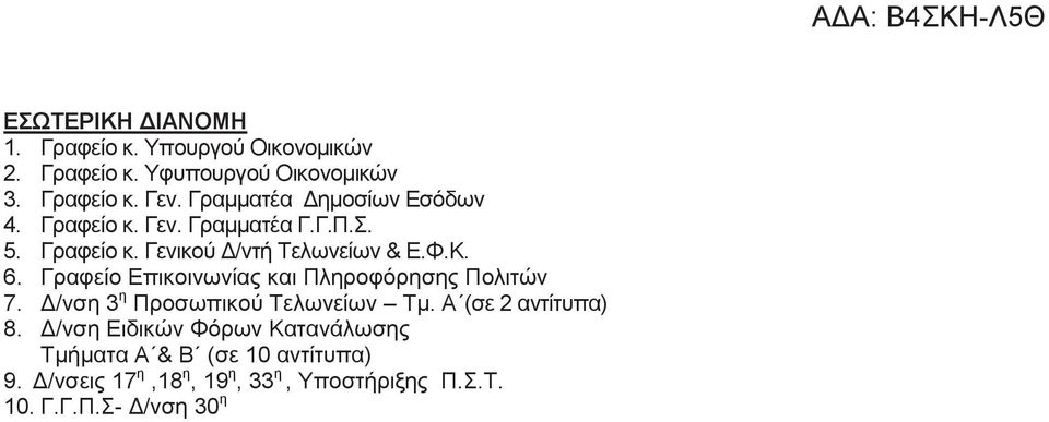 Γραφείο Επικοινωνίας και Πληροφόρησης Πολιτών 7. Δ/νση 3 η Προσωπικού Τελωνείων Τμ. Α (σε 2 αντίτυπα) 8.