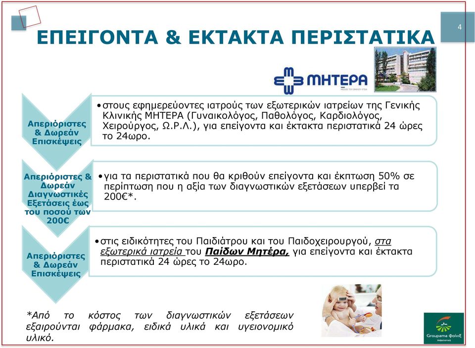 Απεριόριστες & Δωρεάν Διαγνωστικές Εξετάσεις έως του ποσού των 200 Απεριόριστες & Δωρεάν Επισκέψεις για τα περιστατικά που θα κριθούν επείγοντα και έκπτωση 50% σε περίπτωση που η αξία