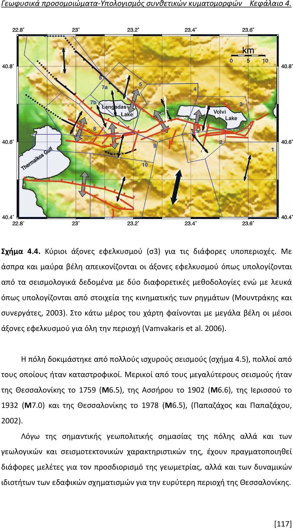 κινηματικής των ρηγμάτων (Μουντράκης και συνεργάτες, 2003). Στο κάτω μέρος του χάρτη φαίνονται με μεγάλα βέλη οι μέσοι άξονες εφελκυσμού για όλη την περιοχή (Vamvakaris et al. 2006).
