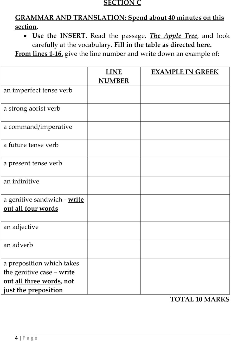 From lines 1-16, give the line number and write down an example of: an imperfect tense verb LINE NUMBER EXAMPLE IN GREEK a strong aorist verb a