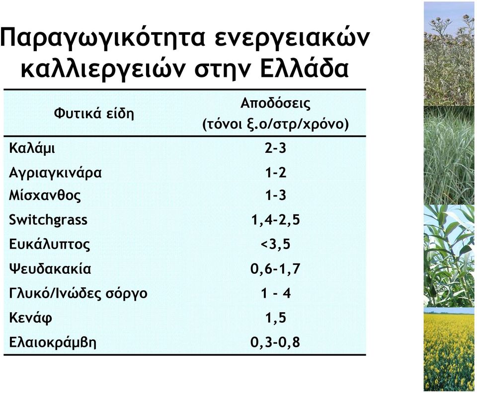 Ψευδακακία Γλυκό/Ινώδες σόργο Κενάφ Ελαιοκράµβη Αποδόσεις