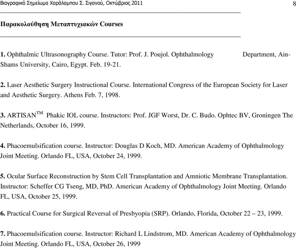 International Congress of the European Society for Laser and Aesthetic Surgery. Athens Feb. 7, 1998. 3. ARTISAN TM Phakic IOL course. Instructors: Prof. JGF Worst, Dr. C. Budo.
