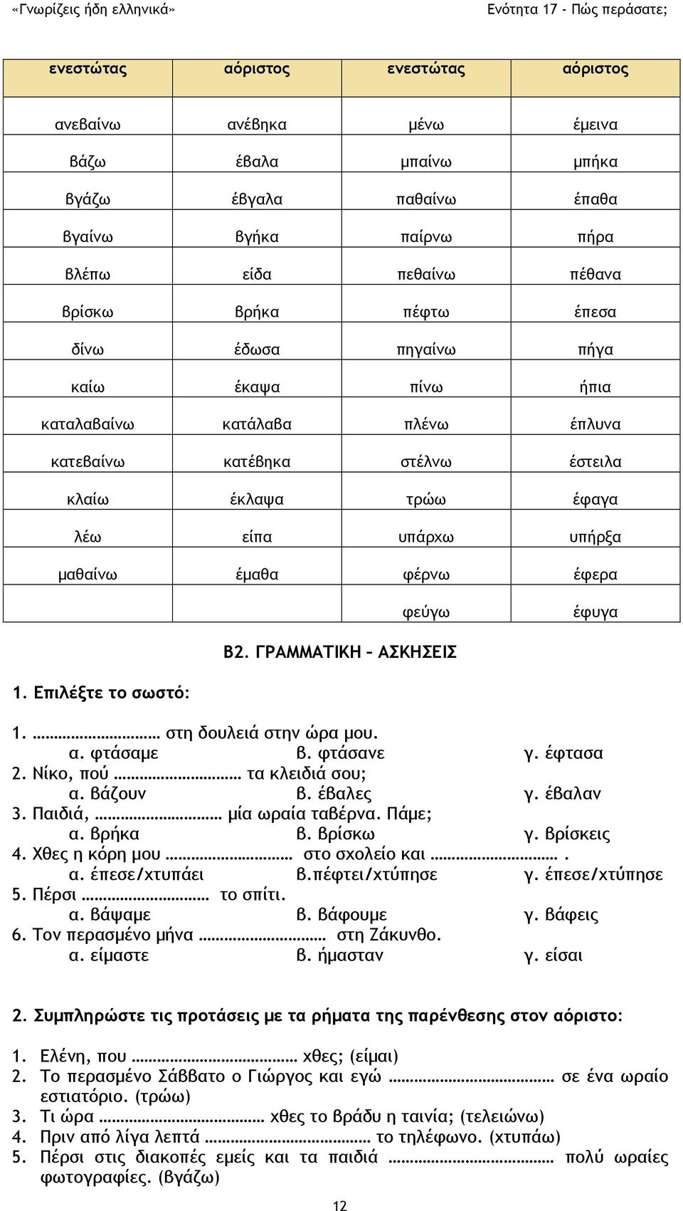 ΓΡΑΜΜΑΤΙΚΗ ΑΣΚΗΣΕΙΣ 1. Επιλέξτε το σωστό: 1. στη δουλειά στην ώρα μου. α. φτάσαμε β. φτάσανε γ. έφτασα 2. Νίκο, πού τα κλειδιά σου; α. βάζουν β. έβαλες γ. έβαλαν 3. Παιδιά, μία ωραία ταβέρνα. Πάμε; α.