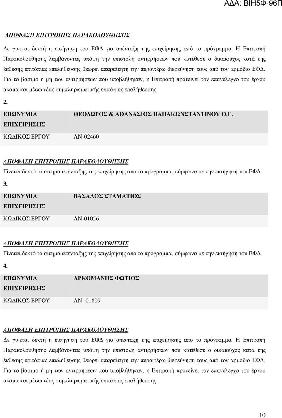 ΕΦΔ. Για το βάσιμο ή μη των αντιρρήσεων που υποβλήθηκαν, η Επιτροπή προτείνει τον επανέλεγχο του έργου ακόμα και μέσω νέας συμπληρωματικής επιτόπιας επαλήθευσης. 2.