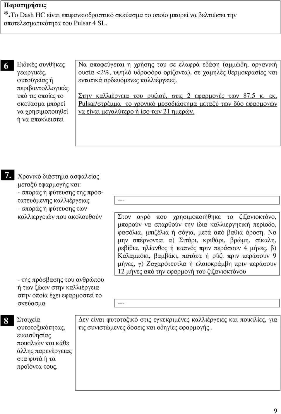 αρδευόµενες καλλιέργειες Στην καλλιέργεια του ρυζιού, στις 2 εφαρµογές των 875 κ εκ Pulsar/στρέµµα το χρονικό µεσοδιάστηµα µεταξύ των δύο εφαρµογών να είναι µεγαλύτερο ή ίσο των 21 ηµερών 7 Χρονικό