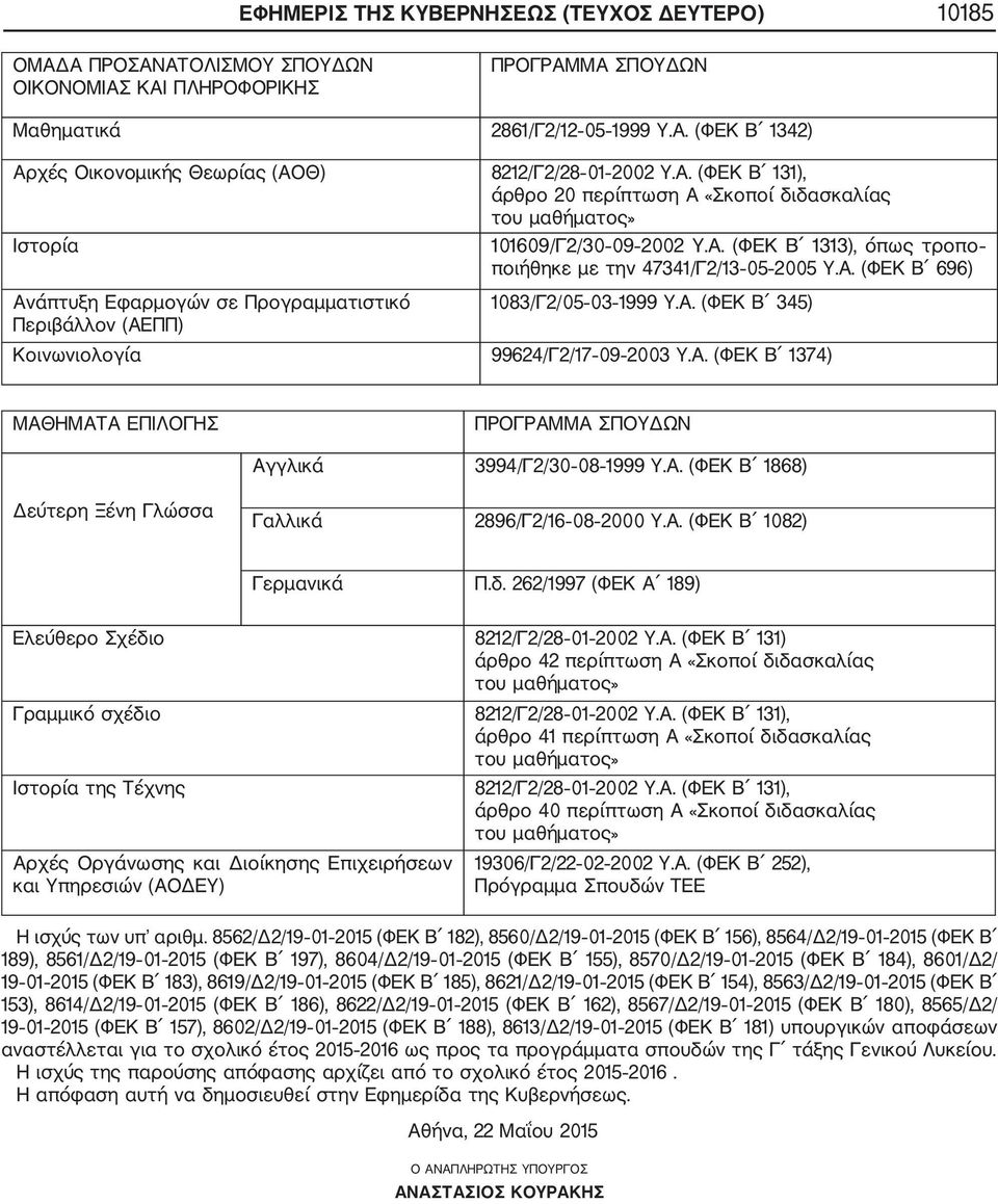 Α. (ΦΕΚ Β 868) εύτερη Ξένη Γλώσσα Γαλλικά 896/Γ/6 08 000 Υ.Α. (ΦΕΚ Β 08) Γερµανικά Π.δ. 6/997 (ΦΕΚ Α 89) Ελεύθερο Σχέδιο 8/Γ/8 0 00 Υ.Α. (ΦΕΚ Β 3) άρθρο 4 περίπτωση Α «Σκοποί διδασκαλίας του µαθήµατος» Γραµµικό σχέδιο 8/Γ/8 0 00 Υ.