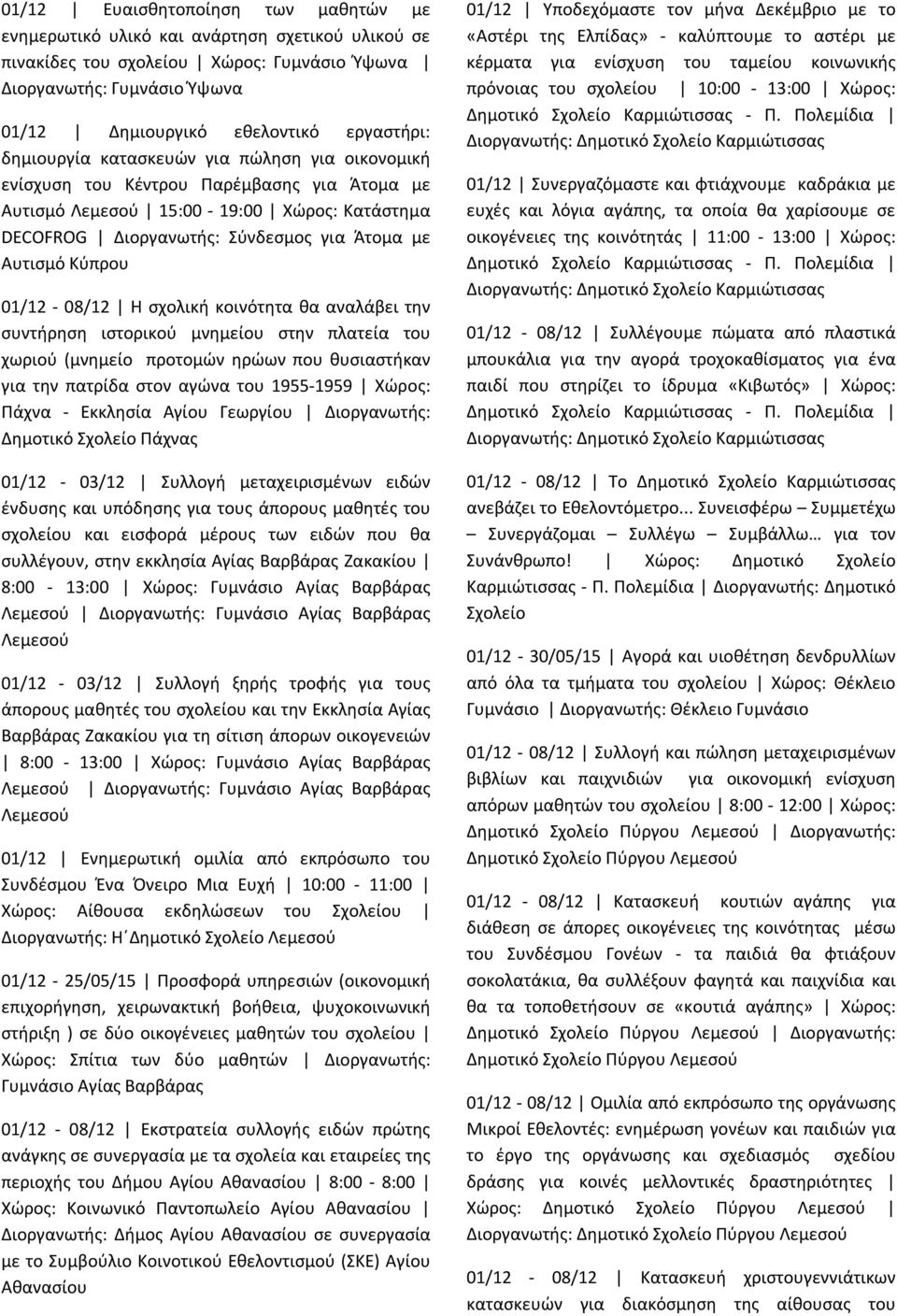 01/12-08/12 Η σχολική κοινότητα θα αναλάβει την συντήρηση ιστορικού μνημείου στην πλατεία του χωριού (μνημείο προτομών ηρώων που θυσιαστήκαν για την πατρίδα στον αγώνα του 1955-1959 Χώρος: Πάχνα -