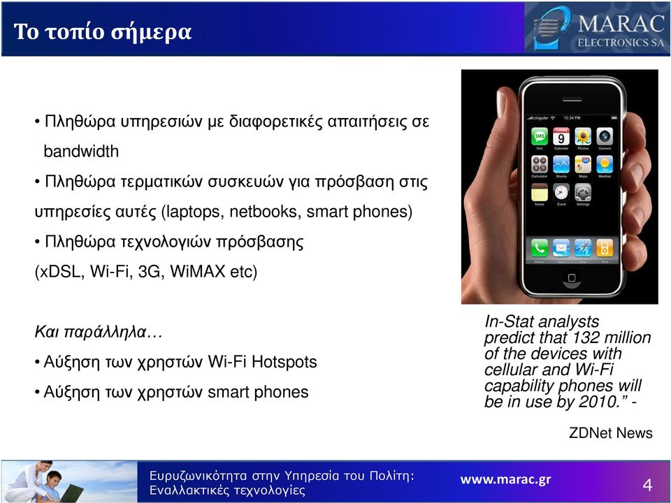 Αύξηση των χρηστών Wi-Fi Hotspots Αύξηση των χρηστών smart phones In-Stat analysts predict that 132 million of the devices with