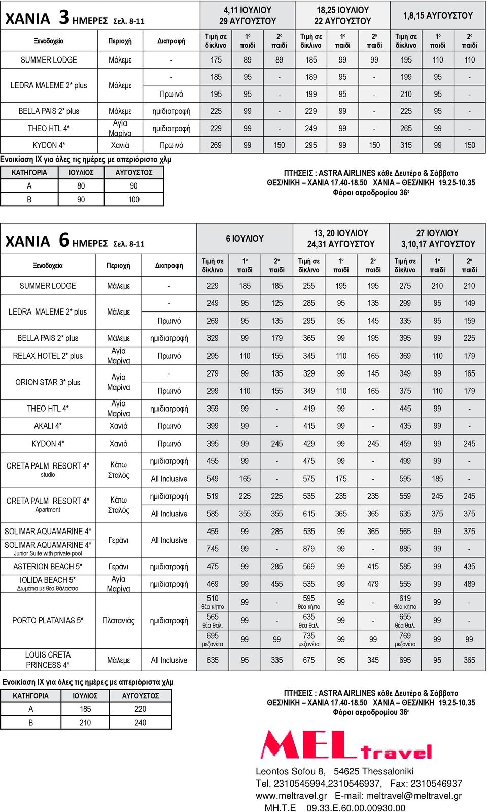 95-199 95-210 95 - BELLA PAIS 2* plus Mάλεμε ημιδιατροφή 225 229 225 95 - THEO HTL 4* ημιδιατροφή 229 249 265 KYDON 4* Χανιά Πρωινό 269 99 150 295 99 150 315 99 150 Eνοικίαση ΙΧ για όλες τις ημέρες