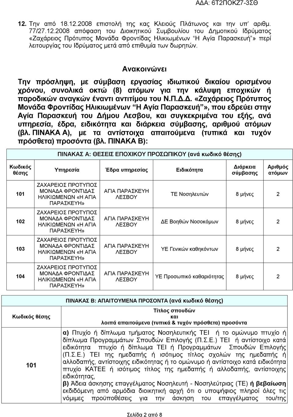 Δ. «Ζαχάρειος Πρότυπος Μονάδα Φροντίδας Ηλικιωμένων Η Αγία Παρασκευή», που εδρεύει στην Αγία Παρασκευή του Δήμου Λεσβου, και συγκεκριμένα του εξής, ανά υπηρεσία, έδρα, ειδικότητα και διάρκεια