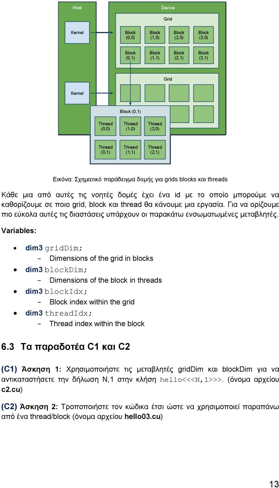 Variables: dim3 griddim; Dimensions of the grid in blocks dim3 blockdim; Dimensions of the block in threads dim3 blockidx; Block index within the grid dim3 threadidx; Thread index within the block 6.