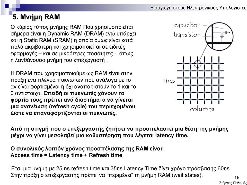 Η DRAM που χρησιμοποιούμε ως RAM είναι στην πράξη ένα πλέγμα πυκνωτών που ανάλογα με το αν είναι φορτισμένοι ή όχι αναπαριστούν το 1 και το 0 αντίστοιχα.