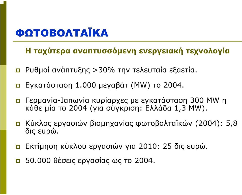Γερµανία-Ιαπωνία κυρίαρχες µε εγκατάσταση300 MW η κάθε µία το 2004 (για σύγκριση: Ελλάδα 1,3 MW).