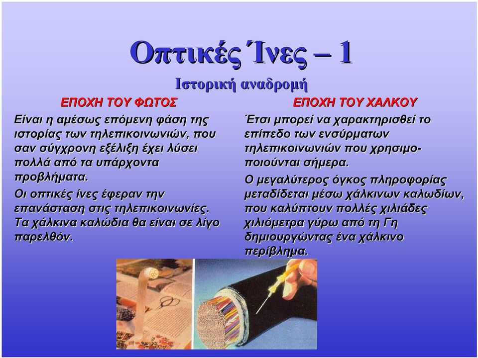 Οπτικές Ίνες 1 Ιστορική αναδρομή ΕΠΟΧΗ ΤΟΥ ΧΑΛΚΟΥ Έτσι μπορεί να χαρακτηρισθεί το επίπεδο των ενσύρματων τηλεπικοινωνιών που χρησιμο-