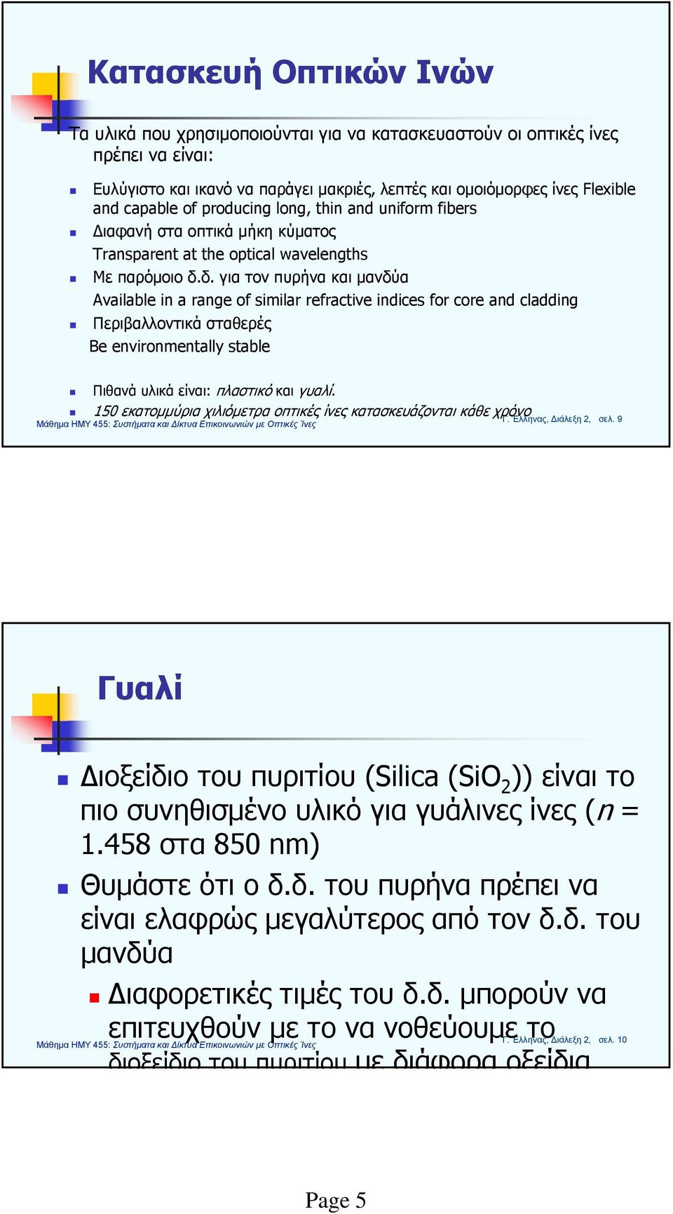 δ. για τον πυρήνα και μανδύα Available in a range of similar refractive indices for core and cladding Περιβαλλοντικά σταθερές Be environmentally stable Πιθανά υλικά είναι: πλαστικό και γυαλί.