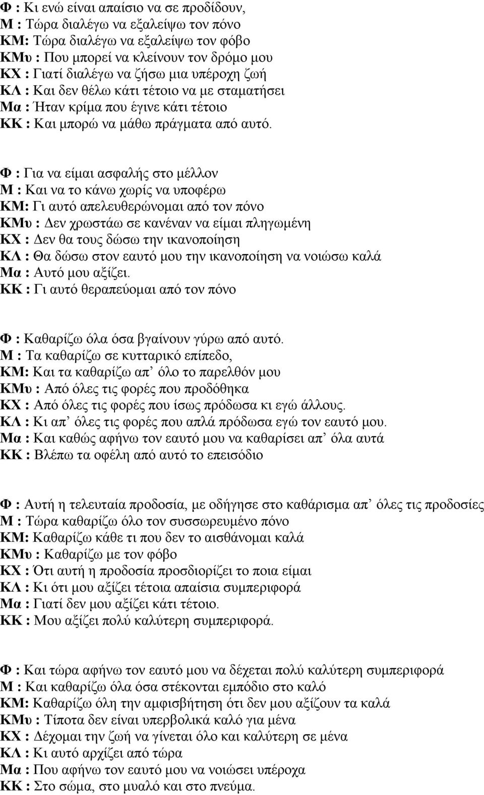 Φ : Για να είμαι ασφαλής στο μέλλον Μ : Και να το κάνω χωρίς να υποφέρω ΚΜ: Γι αυτό απελευθερώνομαι από τον πόνο ΚΜυ : Δεν χρωστάω σε κανέναν να είμαι πληγωμένη ΚΧ : Δεν θα τους δώσω την ικανοποίηση