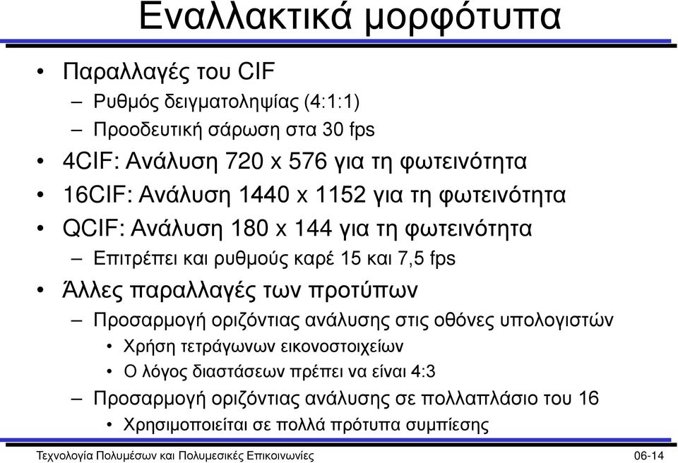 παραλλαγές των προτύπων Προσαρμογή οριζόντιας ανάλυσης στις οθόνες υπολογιστών Χρήση τετράγωνων εικονοστοιχείων Ο λόγος διαστάσεων πρέπει να