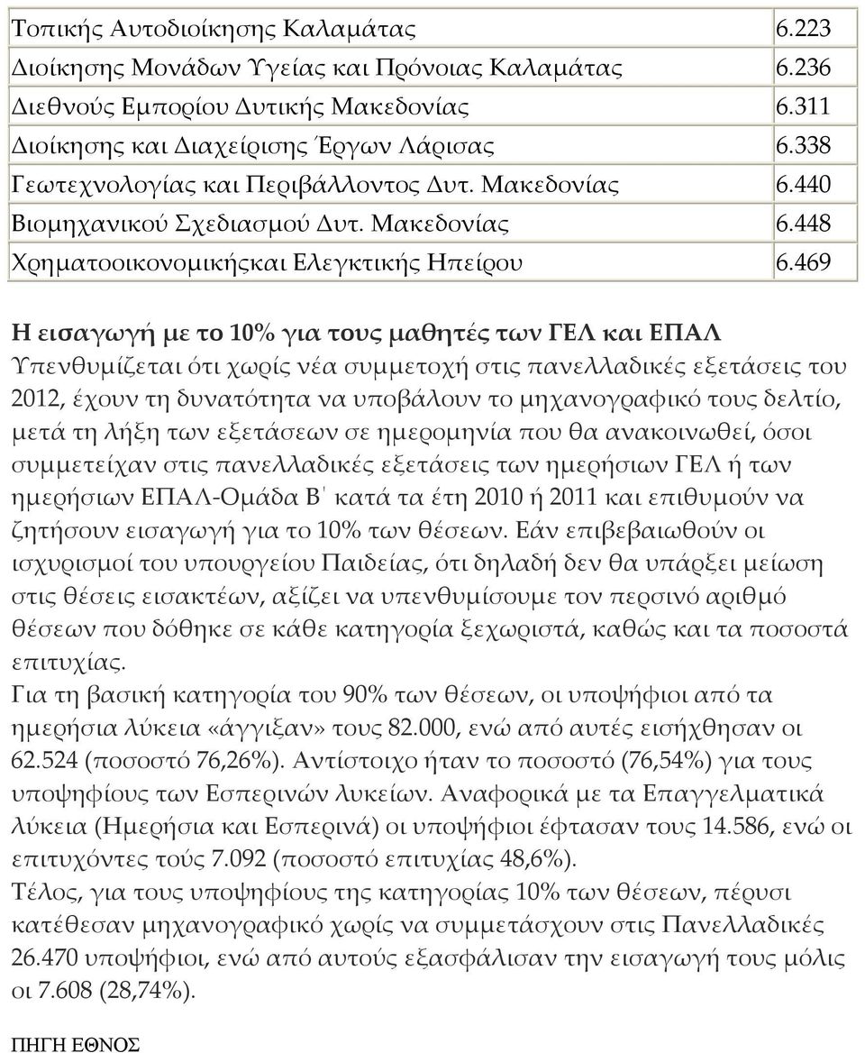 469 Η εισαγωγή με το 10% για τους μαθητές των ΓΕΛ και ΕΠΑΛ Υπενθυμίζεται ότι χωρίς νέα συμμετοχή στις πανελλαδικές εξετάσεις του 2012, έχουν τη δυνατότητα να υποβάλουν το μηχανογραφικό τους δελτίο,