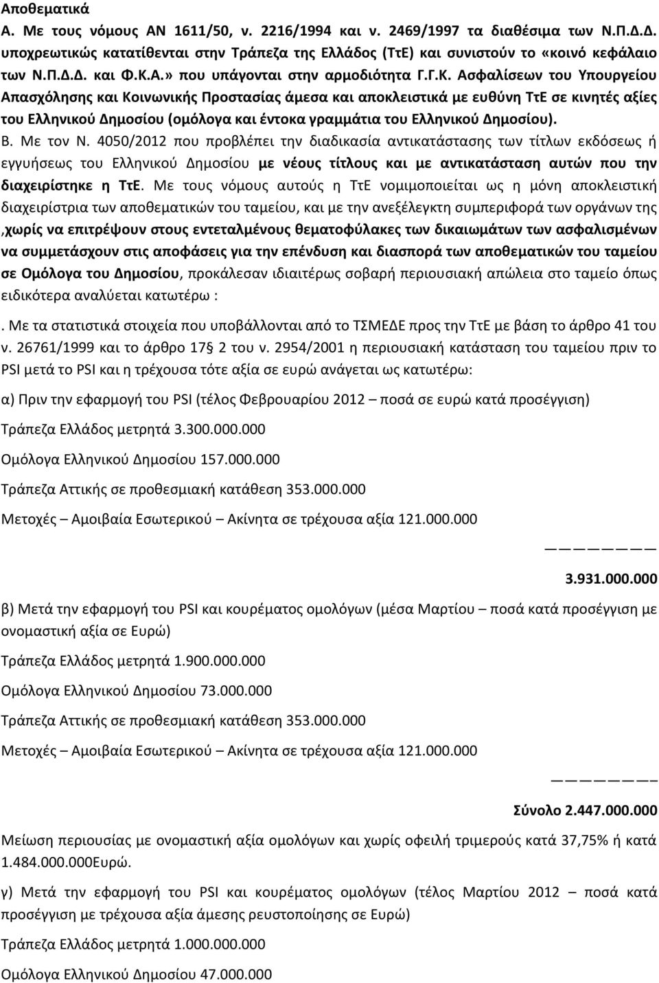 Β. Με τον Ν. 4050/2012 που προβλέπει την διαδικασία αντικατάστασης των τίτλων εκδόσεως ή εγγυήσεως του Ελληνικού Δημοσίου με νέους τίτλους και με αντικατάσταση αυτών που την διαχειρίστηκε η ΤτΕ.