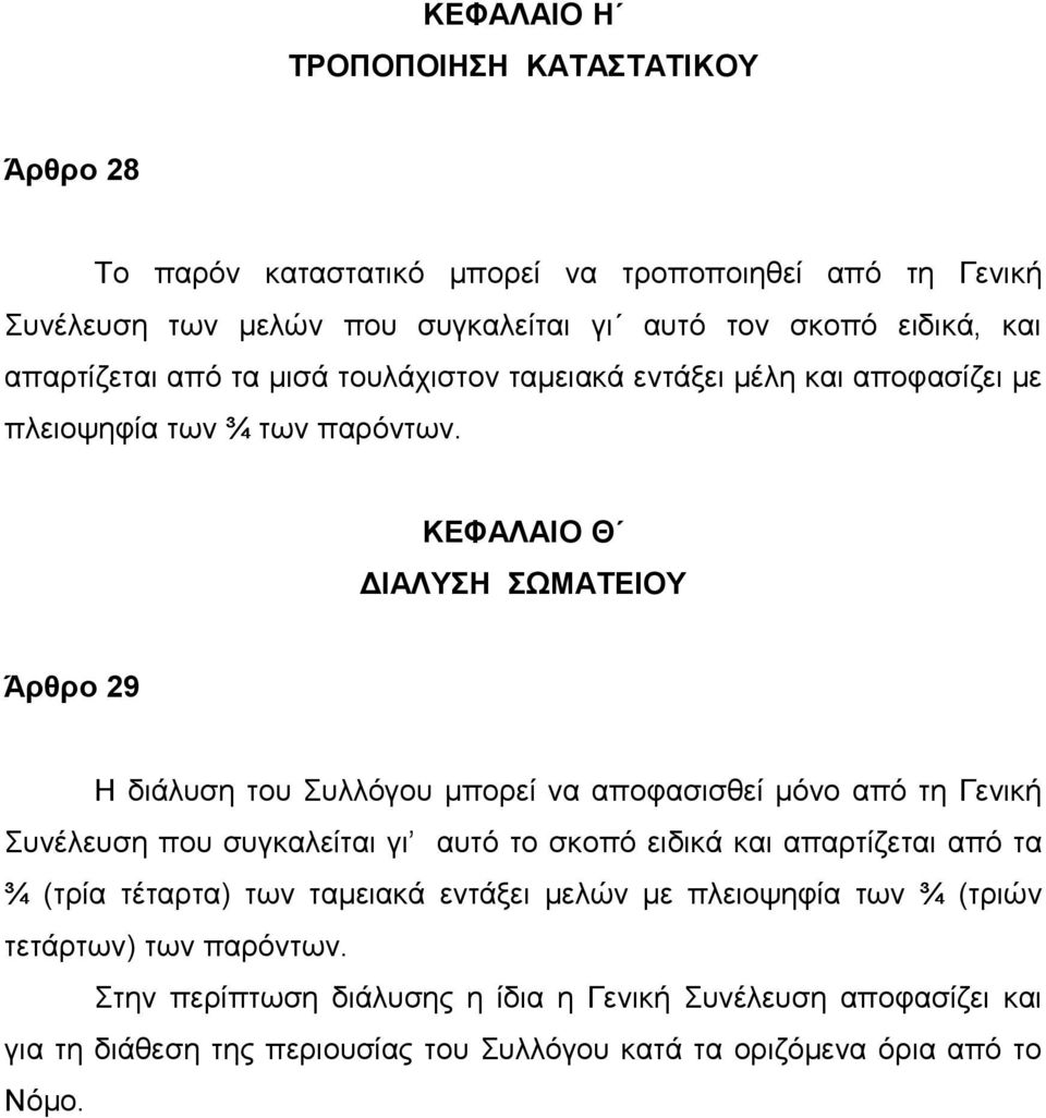 ΚΕΦΑΛΑΙΟ Θ ΔΙΑΛΥΣΗ ΣΩΜΑΤΕΙΟΥ Άρθρο 29 Η διάλυση του Συλλόγου μπορεί να αποφασισθεί μόνο από τη Γενική Συνέλευση που συγκαλείται γι αυτό το σκοπό ειδικά και απαρτίζεται από