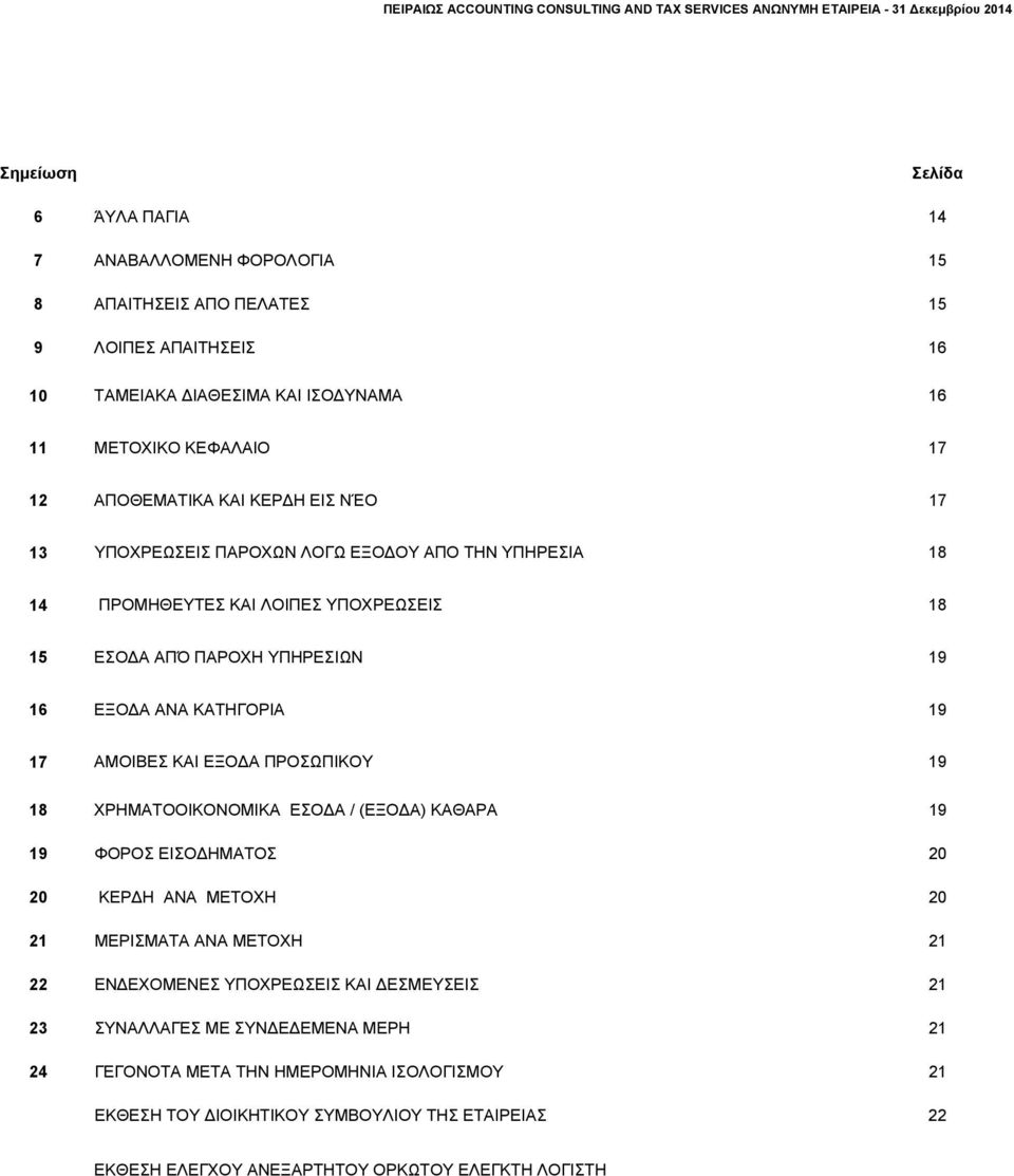 17 ΑΜΟΙΒΕΣ ΚΑΙ ΕΞΟΔΑ ΠΡΟΣΩΠΙΚΟΥ 19 18 ΧΡΗΜΑΤΟΟΙΚΟΝΟΜΙΚΑ ΕΣΟΔΑ / (ΕΞΟΔΑ) ΚΑΘΑΡΑ 19 19 ΦΟΡΟΣ ΕΙΣΟΔΗΜΑΤΟΣ 20 20 ΚΕΡΔΗ ΑΝΑ ΜΕΤΟΧΗ 20 21 ΜΕΡΙΣΜΑΤΑ ΑΝΑ ΜΕΤΟΧΗ 21 22 ΕΝΔΕΧΟΜΕΝΕΣ ΥΠΟΧΡΕΩΣΕΙΣ ΚΑΙ