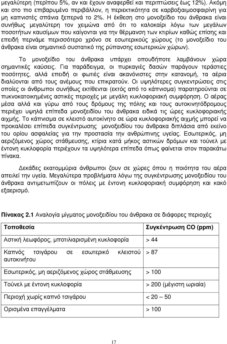 περνάµε περισσότερο χρόνο σε εσωτερικούς χώρους (το µονοξείδιο του άνθρακα είναι σηµαντικό συστατικό της ρύπανσης εσωτερικών χώρων).