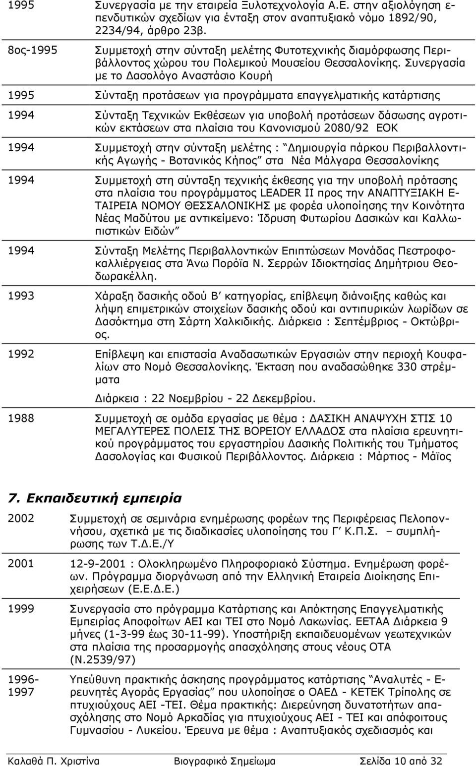 Συνεργασία με το Δασολόγο Αναστάσιο Κουρή 1995 Σύνταξη προτάσεων για προγράμματα επαγγελματικής κατάρτισης 1994 Σύνταξη Τεχνικών Εκθέσεων για υποβολή προτάσεων δάσωσης αγροτικών εκτάσεων στα πλαίσια