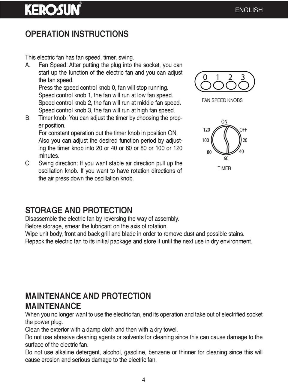 Speed control knob 1, the fan will run at low fan speed. Speed control knob 2, the fan will run at middle fan speed. Speed control knob 3, the fan will run at high fan speed. Β.