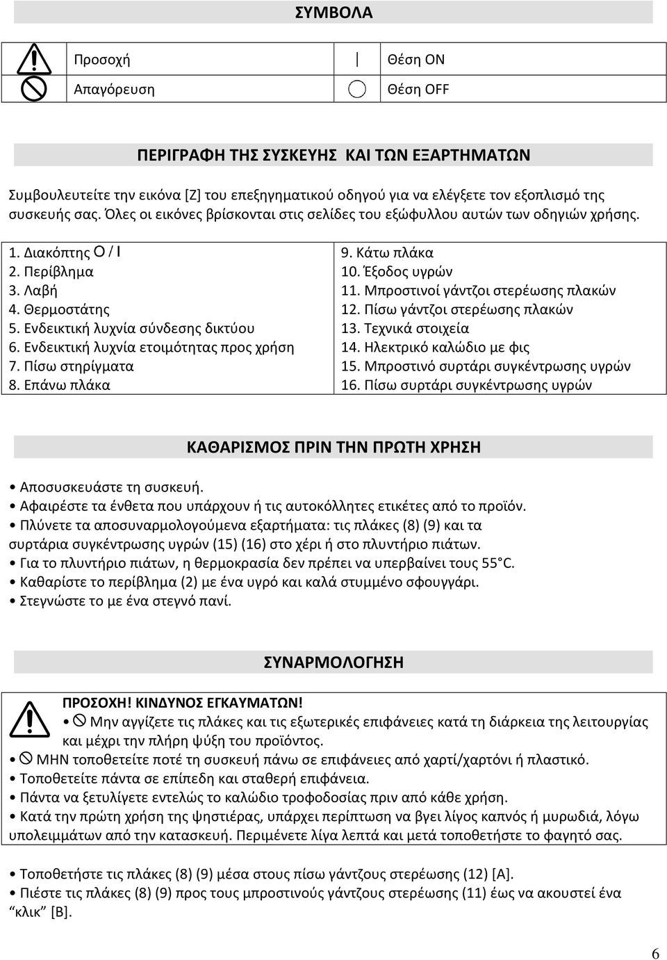 Ενδεικτική λυχνία ετοιμότητας προς χρήση 7. Πίσω στηρίγματα 8. Επάνω πλάκα 9. Κάτω πλάκα 10. Έξοδος υγρών 11. Μπροστινοί γάντζοι στερέωσης πλακών 12. Πίσω γάντζοι στερέωσης πλακών 13.