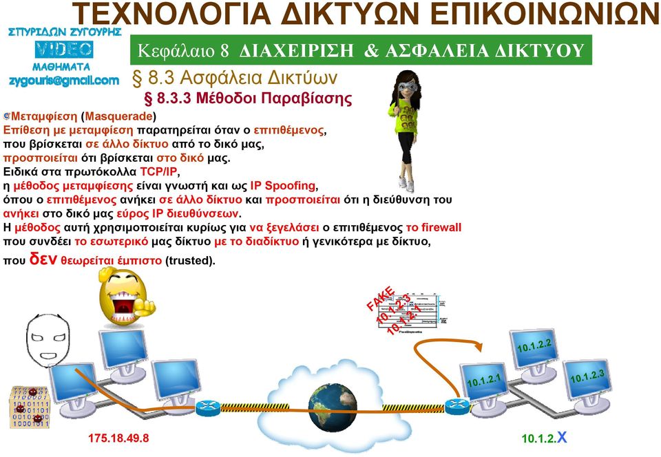 Ειδικά στα πρωτόκολλα TCP/IP, η μέθοδος μεταμφίεσης είναι γνωστή και ως IP Spoofing, όπου ο επιτιθέμενος ανήκει σε άλλο δίκτυο και προσποιείται ότι η διεύθυνση