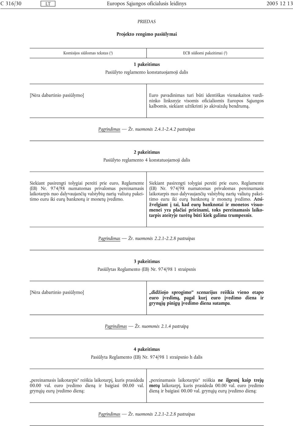 nuomonės 2.4.1-2.4.2 pastraipas 2 pakeitimas Pasiūlyto reglamento 4 konstatuojamoji dalis Siekiant pasirengti tolygiai pereiti prie euro, Reglamente (EB) Nr.