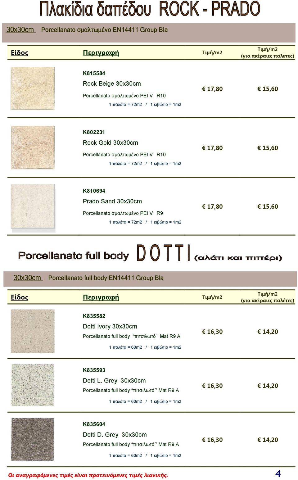 Porcellanato full body EN14411 Group Bla Είδος Περιγραφή K835582 Dotti Ivory 30x30cm Porcellanato full body πιτσιλωτό Μat R9 A 16,30 14,20 1 παλέτα = 60m2 / 1 κιβώτιο = 1m2 K835593 Dotti L.