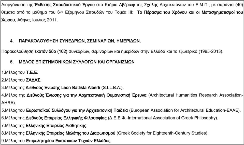 ΠΑΡΑΚΟΛΟΥΘΗΣΗ ΣΥΝΕΔΡΙΩΝ, ΣΕΜΙΝΑΡΙΩΝ, ΗΜΕΡΙΔΩΝ. Παρακολούθηση εκατόν δύο (102) συνεδρίων, σεμιναρίων και ημερίδων στην Ελλάδα και το εξωτερικό (1995-2013). 5.