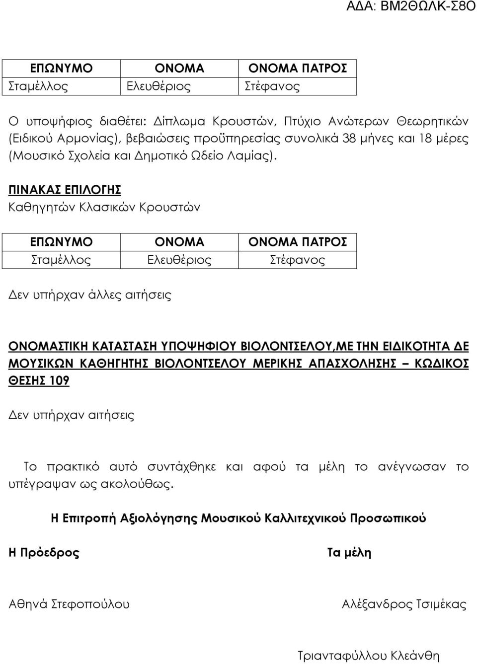 Καθηγητών Κλασικών Κρουστών Σταμέλλος Ελευθέριος Στέφανος Δεν υπήρχαν άλλες αιτήσεις ΟΝΟΜΑΣΤΙΚΗ ΚΑΤΑΣΤΑΣΗ ΥΠΟΨΗΦΙΟΥ ΒΙΟΛΟΝΤΣΕΛΟΥ,ΜΕ ΤΗΝ ΕΙΔΙΚΟΤΗΤΑ ΔΕ ΜΟΥΣΙΚΩΝ ΚΑΘΗΓΗΤΗΣ